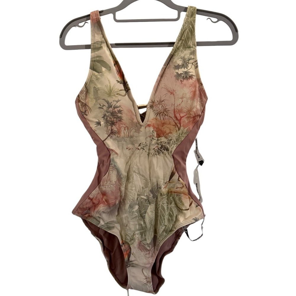 Floral V‑Neck One‑Piece Swimsuit in Taupe and Mauve